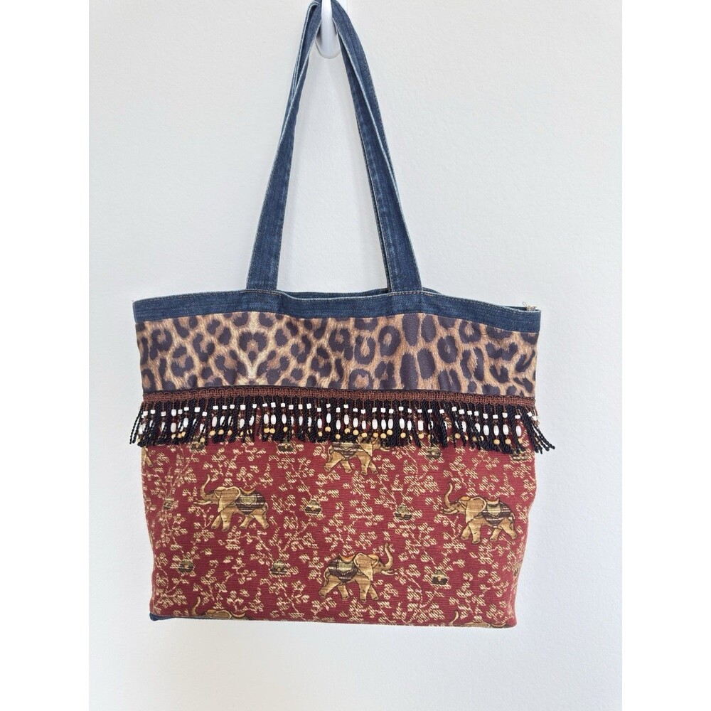 Boho Patchwork Tote Bag Fringe Leopard Elephant Print Denim Straps Large